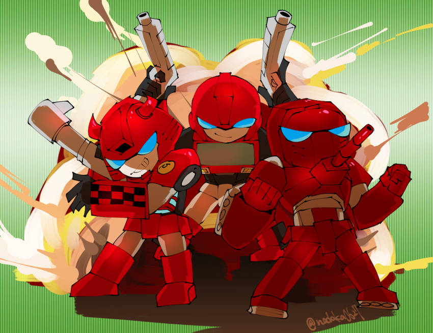 3boys artist_request cliffjumper explosion gun ironhide multiple_boys robot transformers warpath weapon
