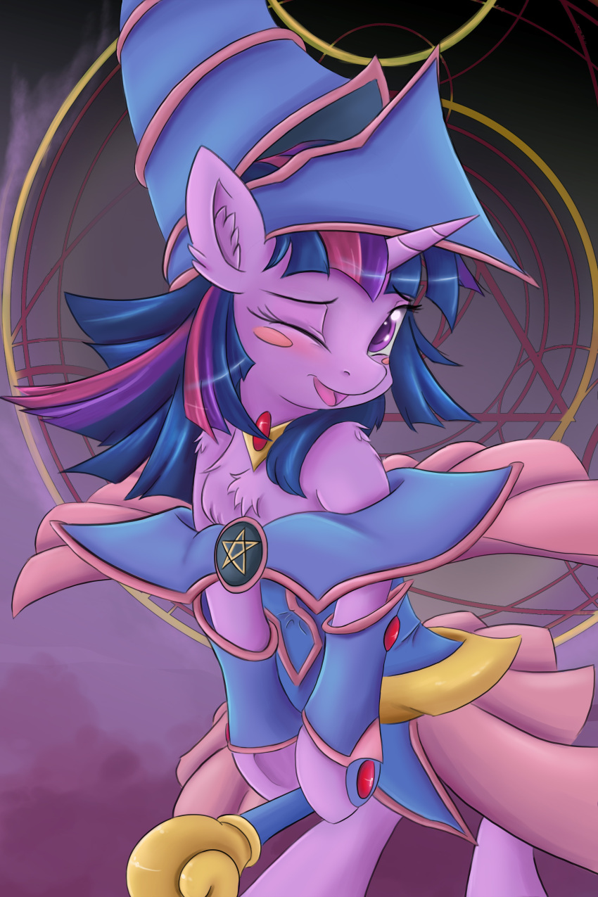 1girl absurdres dark_magician_girl dark_magician_girl_(cosplay) furry hat highres horns horse my_little_pony my_little_pony_friendship_is_magic twilight_sparkle wand wink witch_hat yu-gi-oh! yuu-gi-ou_duel_monsters