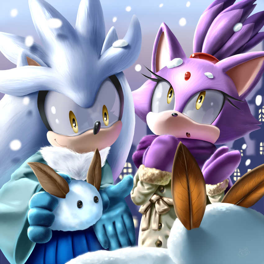 1boy 1girl blaze_the_cat coat furry gloves k.ty_(amejin) mittens no_humans open_mouth sega silver_the_hedgehog smile snow sonic_the_hedgehog yellow_eyes
