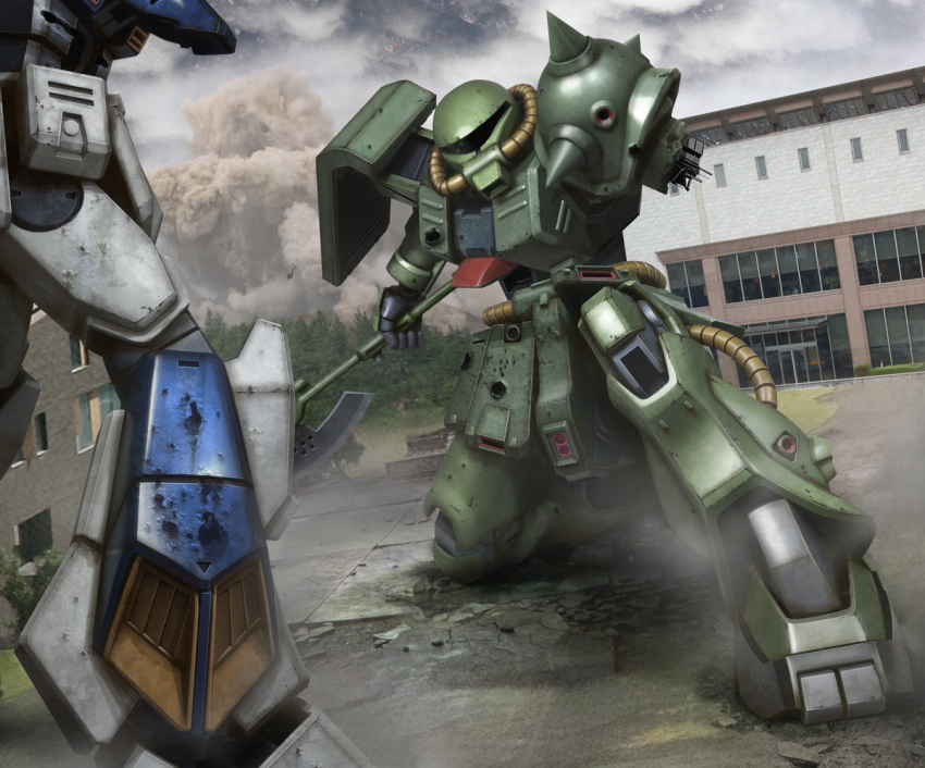 80s axe building damaged gundam gundam_0080 gundam_alex hiropon_(tasogare_no_puu) mecha smoke weapon zaku zaku_ii zaku_ii_fz_kai