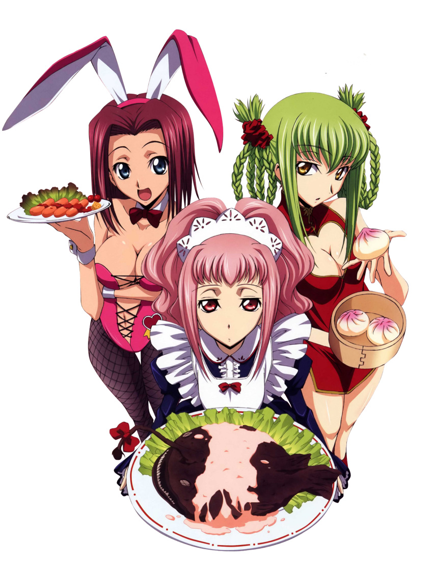 3girls absurdres alternate_costume animal_ears anya_alstreim braid breasts bunnysuit c.c. china_dress chinese_clothes cleavage cleavage_cutout code_geass dress enmaided female fishnet_pantyhose fishnets food highres kallen_stadtfeld looking_at_viewer maid multiple_girls pantyhose rabbit_ears render smile