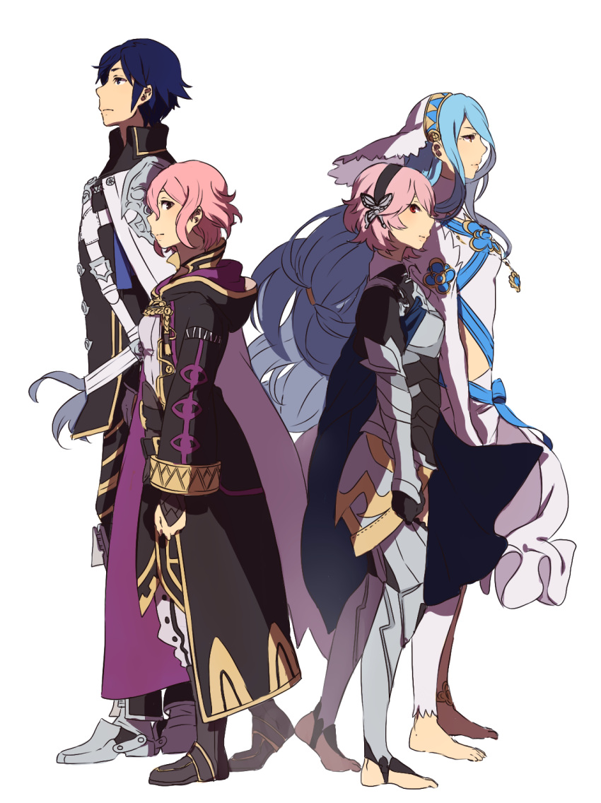 3girls ai-wa aiwatan aqua_(fire_emblem_if) armor blue_hair cloak feet fire_emblem fire_emblem:_kakusei fire_emblem_if hairband krom multiple_girls my_unit my_unit_(fire_emblem_if) nintendo pink_hair toeless_legwear