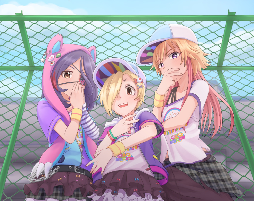 3girls belt blonde_hair blush brown_eyes brown_hair chain-link_fence collarbone covering_mouth eyebrows_visible_through_hair eyepatch fence hair_ornament hair_over_one_eye hand_over_own_mouth hat hayasaka_mirei highres idolmaster idolmaster_cinderella_girls little_riddle long_hair looking_at_viewer multicolored_hair multiple_girls ninomiya_asuka open_mouth outdoors pink_hair purple_hair rokettopencil shirasaka_koume short_hair skirt smile v violet_eyes x_hair_ornament