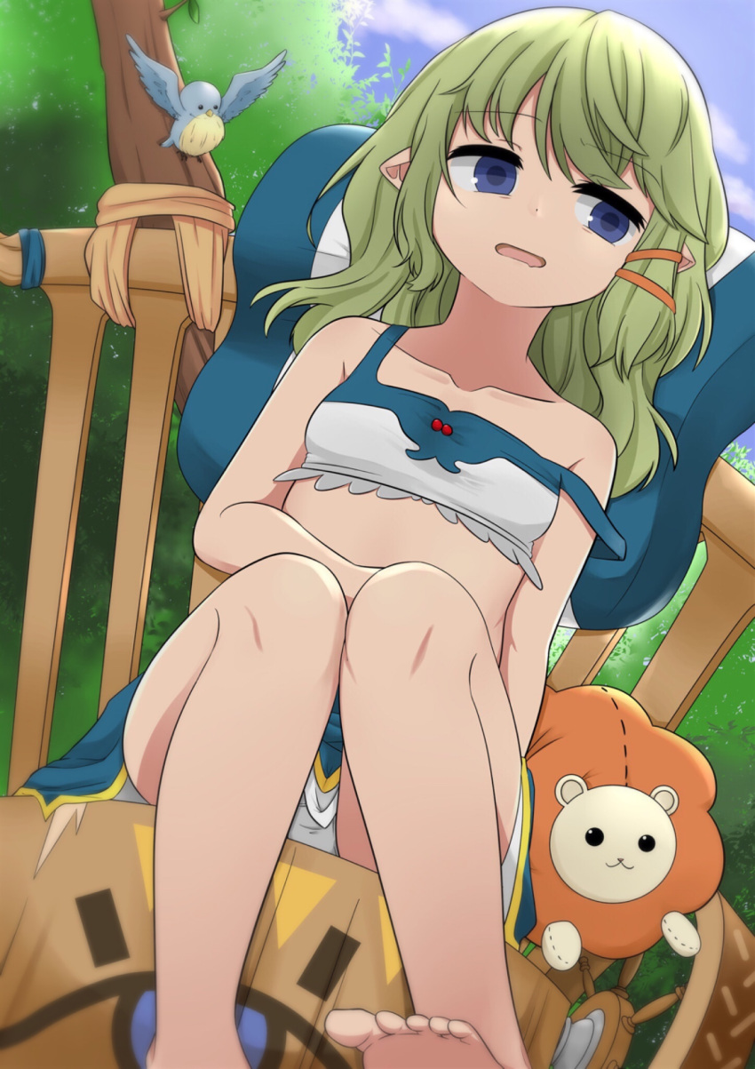 1girl aggressive_saitou animal bangs bare_legs bare_shoulders bird blue_eyes blue_skirt blue_sky clouds collarbone crop_top empty_eyes eyebrows eyebrows_visible_through_hair feet granblue_fantasy green_hair hair_down hair_ornament hairclip harbin highres knees_together_feet_apart long_hair looking_away looking_to_the_side mimlememel open_mouth panties pantyshot plant pointy_ears sitting skirt sky solo strap_slip stuffed_animal stuffed_sheep stuffed_toy tank_top toes underwear wheelchair white_panties
