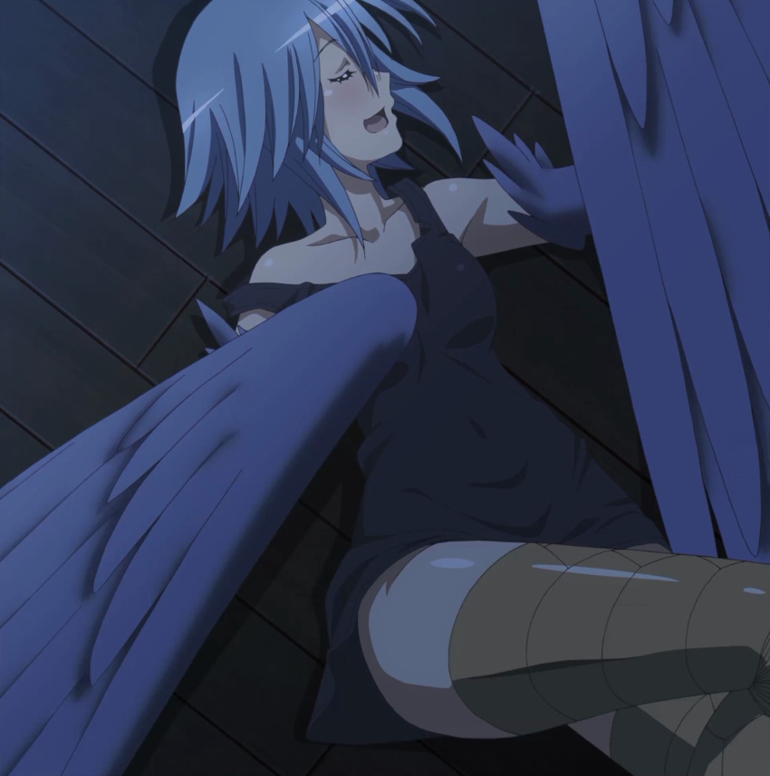 1girl blue_hair closed_eyes harpy highres lying monster_girl monster_musume_no_iru_nichijou papi_(monster_musume) short_hair sleeping smile stitched wings