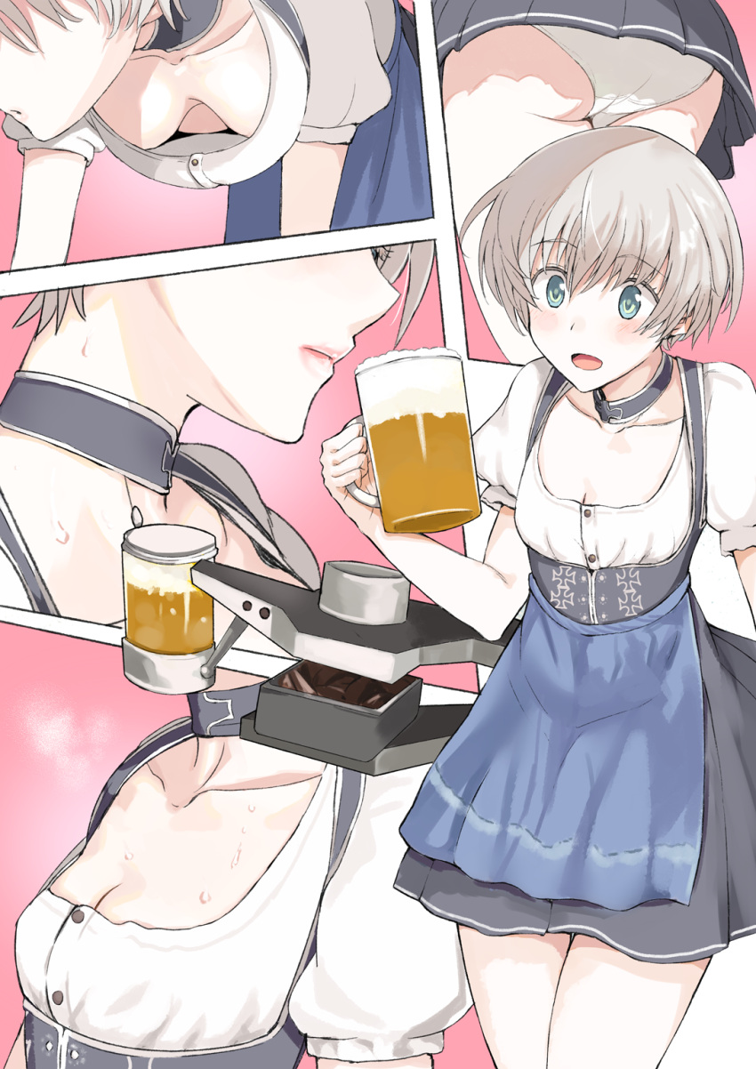 1girl :d alcohol apron beer beer_mug blue_eyes breasts cleavage close-up collarbone dirndl downblouse german_clothes head_out_of_frame highres kantai_collection lips multiple_views neck no_bra ogros open_mouth panties pantyshot short_hair silver_hair small_breasts smile solo sweat underwear waist_apron white_panties z1_leberecht_maass_(kantai_collection)