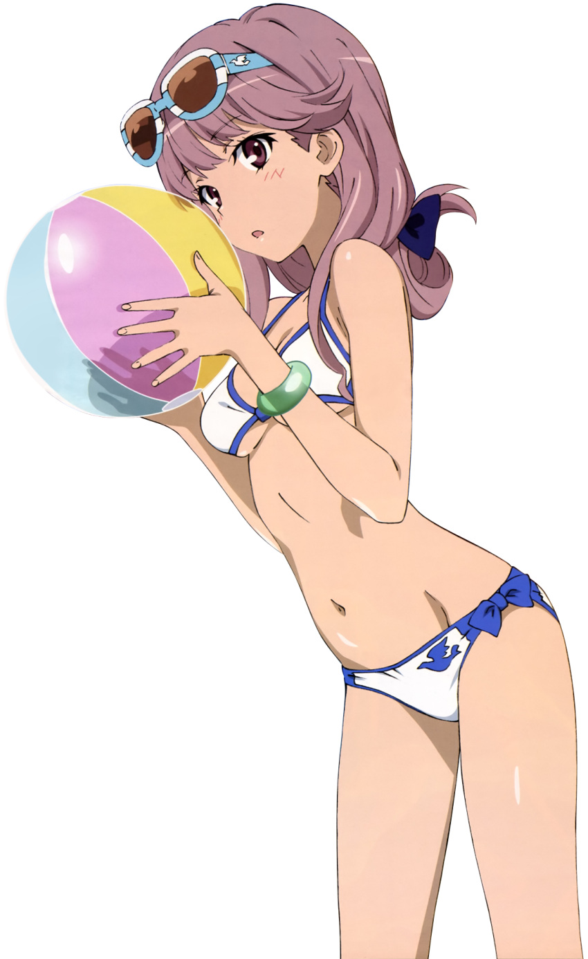 1girl bikini breasts cleavage extraction highres holding_ball looking_at_viewer meigo_arisa navel purple_hair small_breasts solo sunglasses sunglasses_on_head swimsuit to_aru_majutsu_no_index to_aru_majutsu_no_index:_endymion_no_kiseki transparent_background under_boob vector_trace