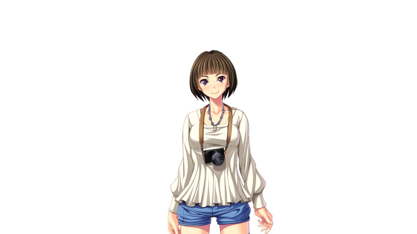 1girl aotonbo blush breasts brown_hair camera female game_cg highres jewelry large_breasts legs looking_at_viewer necklace ohanabatakerun short_hair shorts simple_background smile solo standing thigh_gap thighs violet_eyes white_background xx_of_the_dead