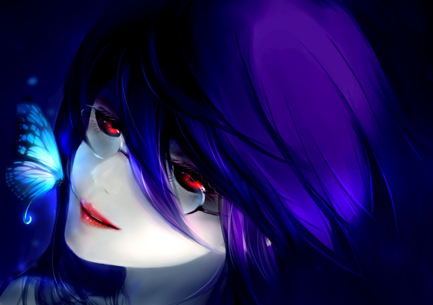 1girl black_sclera butterfly eyelashes face glasses glowing glowing_butterfly hair_between_eyes hair_in_mouth highres kamishiro_rize long_hair looking_at_viewer parted_lips purple_hair red_eyes red_lips smile solo tokyo_ghoul xiao_ren