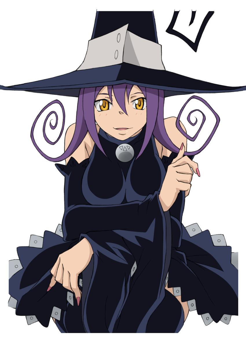1girl bare_shoulders blair breasts female hat large_breasts looking_at_viewer purple_hair solo soul_eater thigh-highs witch_hat yellow_eyes