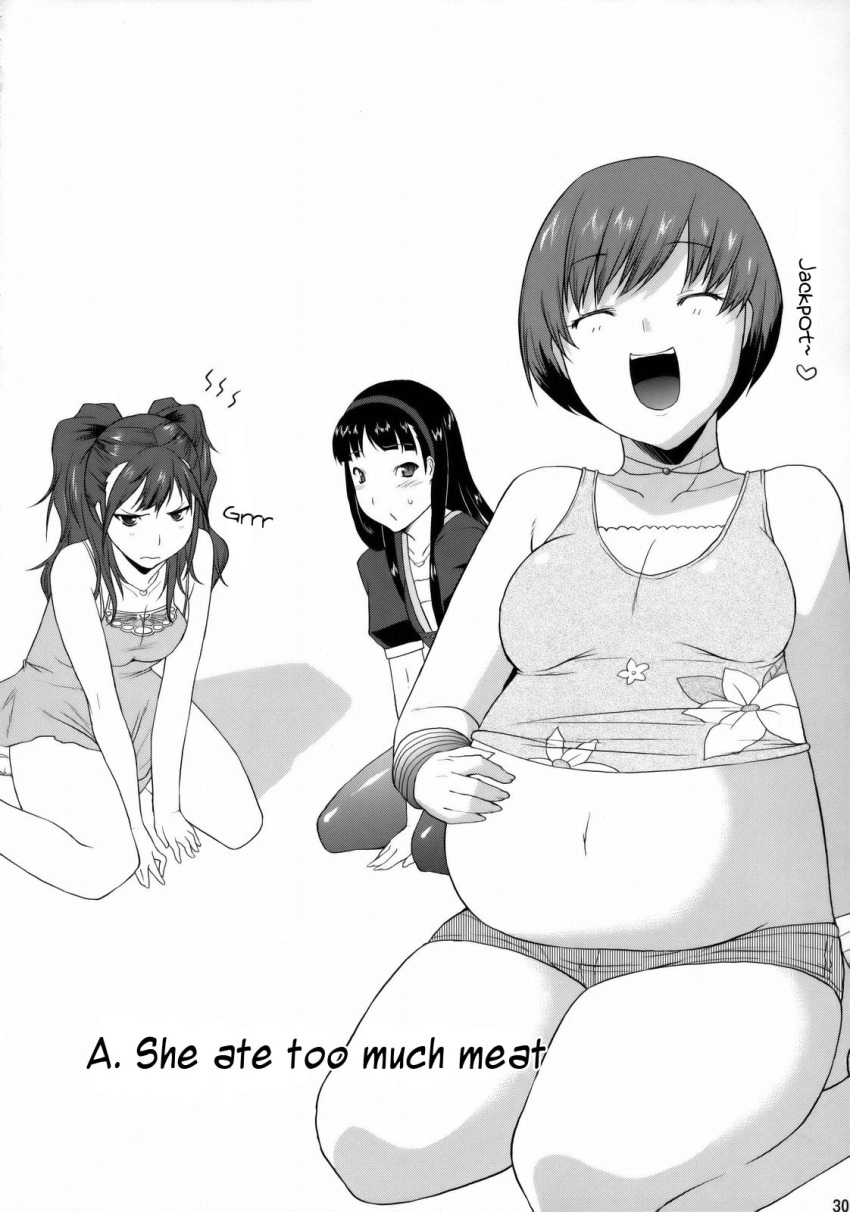 3girls amagi_yukiko artist_request belly belly_stuffed belly_stuffing big_belly blush chubby closed_eyes fat hairband hand_on_own_stomach monochrome multiple_girls persona persona_4 plump satonaka_chie weight_gain