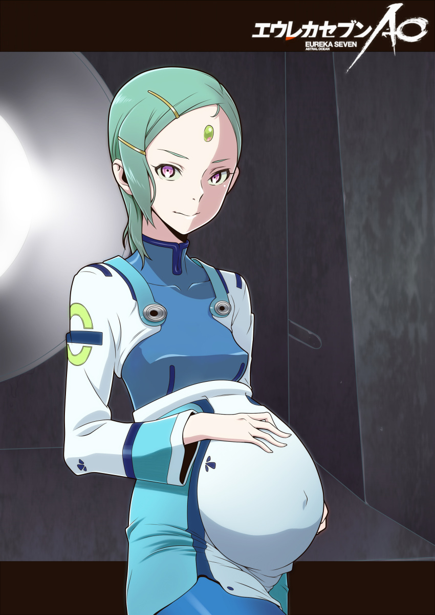 1girl absurdres aqua_hair belly blue_hair bodysuit bones_(company) breasts covered_navel datenaito eureka eureka_seven eureka_seven_(series) eureka_seven_ao facial_mark facing_away forehead forehead_mark fukai_ao grey_background hair_ornament hand_on_own_stomach highres huge_filesize insignia interior leggings lens_flare letterboxed light light_smile looking_at_viewer navel older perky_breasts pregnant room science_fiction short_hair smile solo spoilers uniform violet_eyes window