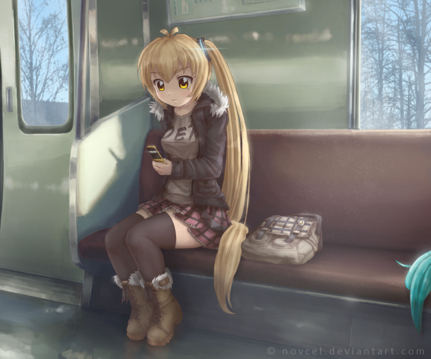 1girl akita_neru bag black_legwear black_thighhighs blonde_hair boots closed_mouth female jacket long_hair long_sleeves novcel open_clothes open_jacket phone side_ponytail sitting skirt solo thigh-highs train_interior vocaloid yellow_eyes zettai_ryouiki