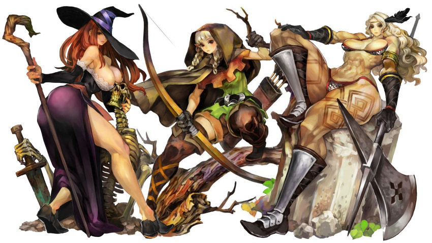 3girls amazon_(dragon's_crown) ass axe bikini blonde_hair boots bow_(weapon) breasts cloak dragon's_crown elf_(dragon's_crown) huge_breasts large_breasts multiple_girls muscle pointed_hat red_eyes redhead side_split skeleton sorceress_(dragon's_crown) staff swimsuit sword tagme tattoo weapon