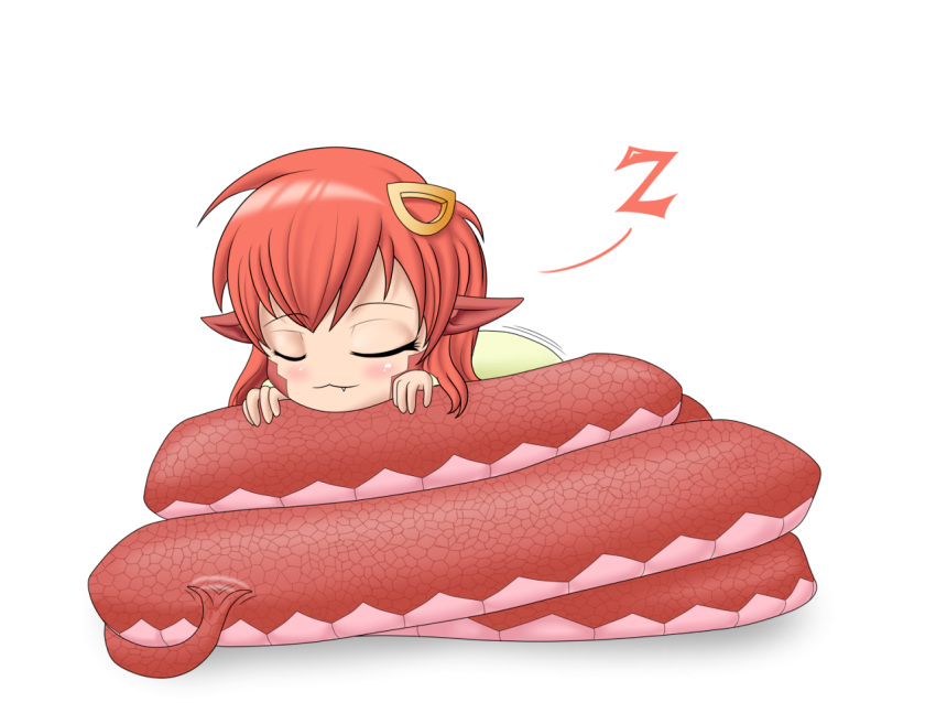 1girl closed_eyes lamia long_hair miia_(monster_musume) monster_girl monster_musume_no_iru_nichijou redhead simple_background sleeping solo tail_wagging