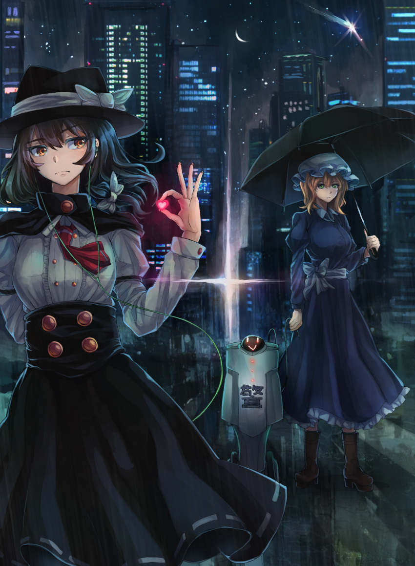 2girls absurdres black_hair black_hat blonde_hair bow brown_eyes cyberpunk dai_(yamii) eyebrows_visible_through_hair green_eyes hair_bow hat hat_bow hat_ribbon highres holding holding_umbrella looking_at_viewer looking_away maribel_hearn multiple_girls ribbon short_hair touhou umbrella usami_renko white_bow white_ribbon