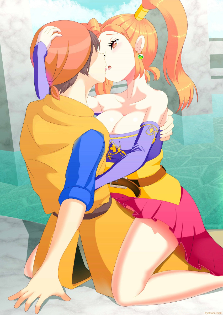 1boy 1girl arm_around_waist bandanna bare_shoulders breasts brown_hair chiaki_yotsuba cleavage couple dragon_quest dragon_quest_viii eye_contact french_kiss hero_(dq8) highres jessica_albert kiss large_breasts looking_at_another orange_hair sitting sitting_on_lap sitting_on_person skirt twintails yotsubachiaki