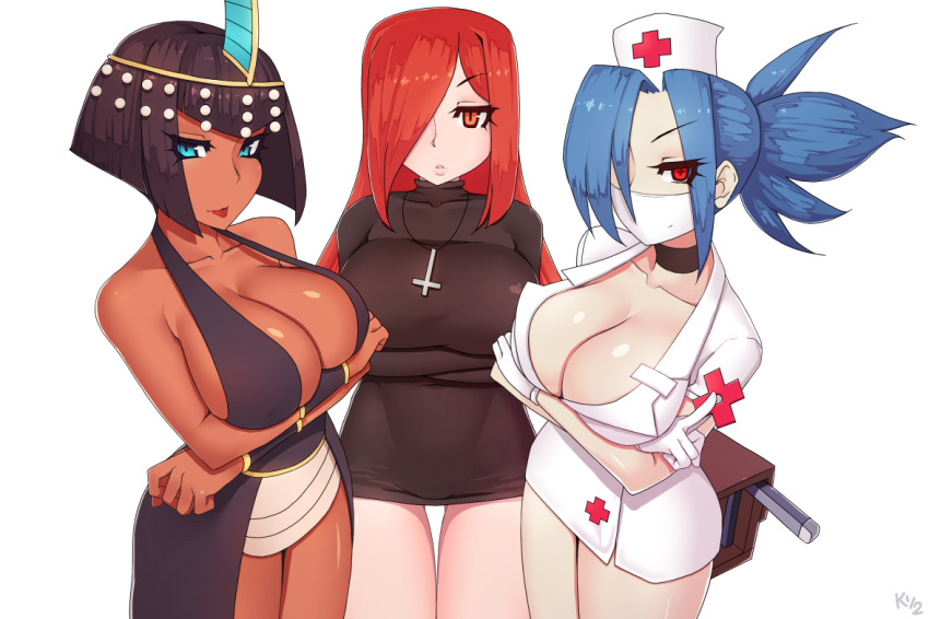 +_+ 3girls black_hair blue_eyes blue_hair breasts brown_eyes choker cleavage cross cross_necklace crossed_arms dark_skin dress egyptian eliza_(skullgirls) eyepatch face_mask gloves hair_over_one_eye halterneck hat inverted_cross kuroonehalf large_breasts long_hair mask multiple_girls nurse nurse_cap parasoul_(skullgirls) ponytail red_eyes redhead short_hair simple_background skullgirls surgical_mask symbol-shaped_pupils tiara valentine_(skullgirls)