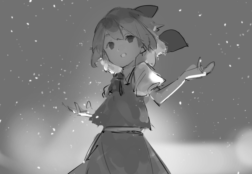 1girl absurdres arms_up bangs bow cirno commentary_request greyscale grin hair_between_eyes hair_bow highres kerchief looking_at_viewer monochrome no_pupils pikumin shirt short_hair skirt skirt_set smile solo teeth touhou
