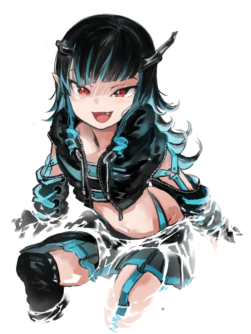 1girl bangs belt beltbra black_gloves black_hair black_jacket black_legwear black_skirt blue_belt blue_hair blunt_bangs blush chest_belt clothing_cutout commentary_request cropped_jacket cross-laced_sleeves demon_girl demon_horns fang feet_out_of_frame flat_chest gloves grey_skirt highres horns jacket layered_skirt long_hair long_sleeves looking_at_viewer midriff multicolored_hair navel okbnkn open_clothes open_jacket open_mouth partially_fingerless_gloves pointy_ears red_eyes shishio_chris shoulder_cutout simple_background single_thighhigh skirt smile solo sugar_lyric thigh-highs two-tone_hair virtual_youtuber white_background zipper_skirt