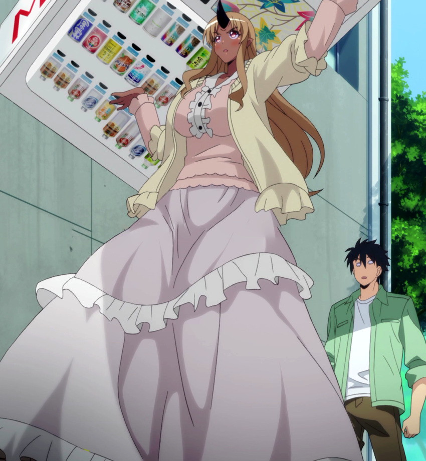 1boy 1girl breasts dark_skin dress highres horn huge_breasts kurusu_kimihito monster_girl monster_musume_no_iru_nichijou ogre red_eyes standing stitched tall tionishia vending_machine