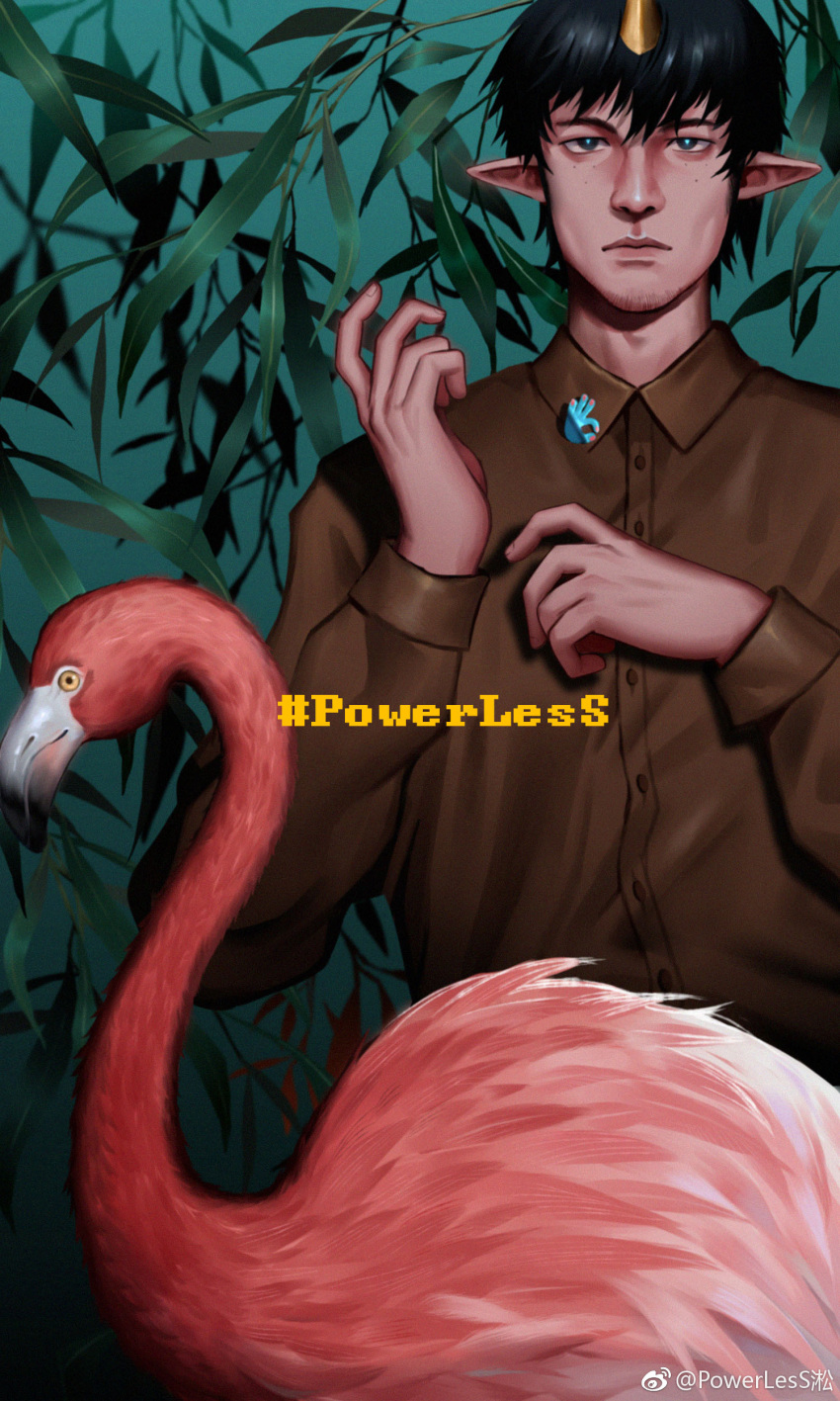 1boy absurdres bangs bird black_hair bright_pupils brown_shirt check_copyright collared_shirt copyright_request facial_hair flamingo goatee highres horns leaf looking_at_viewer male_focus original plant pointy_ears powerlesssong shirt short_hair single_horn skinny solo stubble upper_body weibo_logo weibo_username