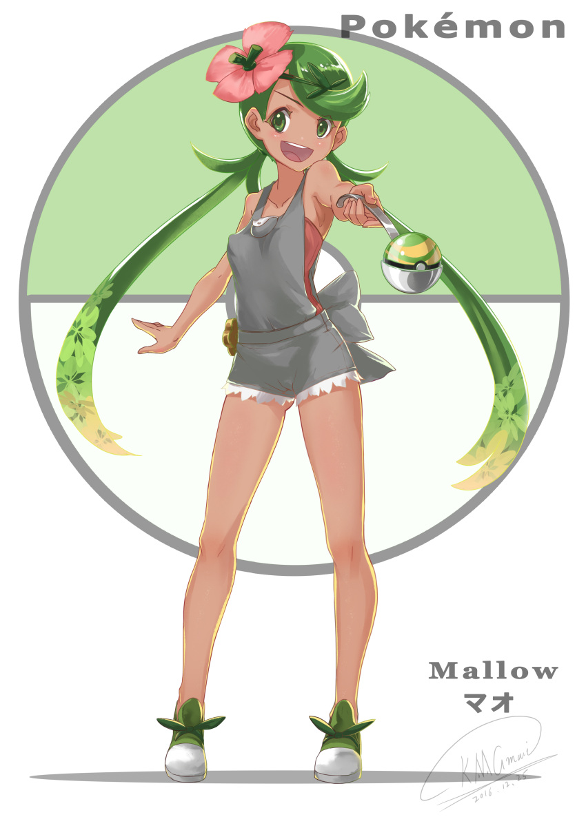 1girl absurdres dark_skin dress flower full_body green_eyes green_hair green_shoes hair_flower hair_ornament highres ladle looking_at_viewer mallow_(pokemon) open_mouth poke_ball pokeball_symbol pokemon pokemon_(game) pokemon_sm shoes shou_mai sleeveless sleeveless_dress solo twintails
