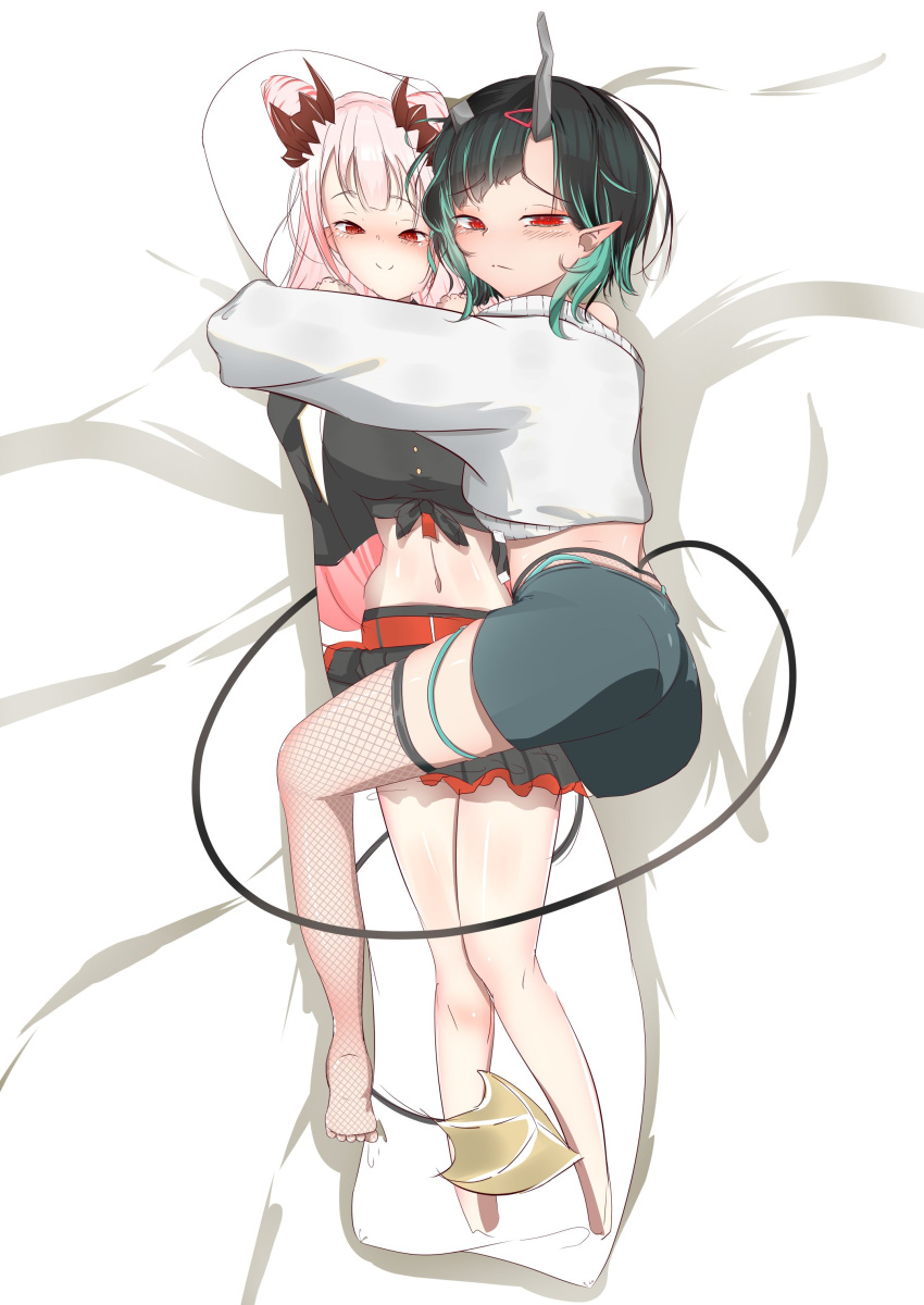1girl absurdres ass bangs barefoot black_hair blue_hair blush closed_mouth commentary_request cropped_sweater dakimakura_(object) demon_girl demon_horns demon_tail eyebrows_visible_through_hair fishnet_legwear fishnets full_body grey_shorts grey_sweater highres holding holding_pillow honey_strap horns inabamaru long_sleeves looking_at_viewer multicolored_hair object_hug official_alternate_costume pillow pillow_hug pointy_ears red_eyes shishio_chris short_hair shorts solo sugar_lyric suou_patra sweater tail thigh-highs two-tone_hair virtual_youtuber