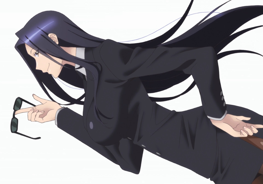 1girl breasts brown_eyes business_suit female large_breasts long_hair monster_musume_no_iru_nichijou ms._smith sideboob skirt solo standing sunglasses thigh-highs white_background