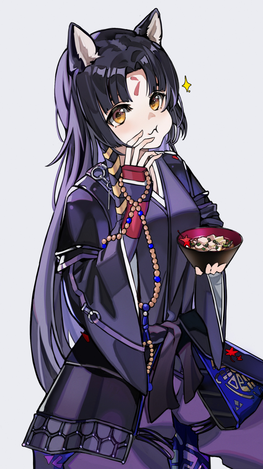 1girl :t animal_ears arknights arm_guards bangs black_hair black_kimono blush bowl brown_eyes closed_mouth commentary_request dog_ears dog_girl eating forehead highres holding holding_bowl japanese_clothes kimono long_hair long_sleeves looking_at_viewer pants parted_bangs purple_pants saga_(arknights) simple_background smile solo sparkle very_long_hair werlt white_background wide_sleeves