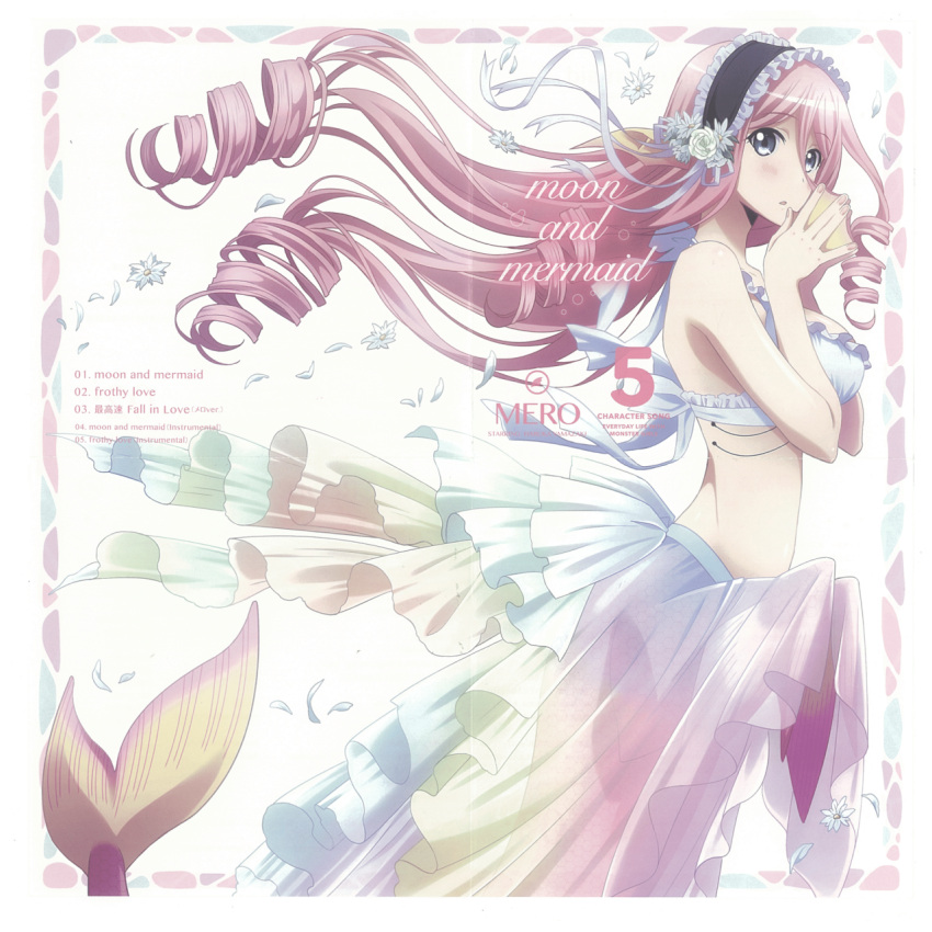 1girl album_cover bikini_top blue_eyes breasts character_name cleavage cover drill_hair fins fish_tail from_side gills hands_together head_fins highres long_hair looking_at_viewer maid_headdress mermaid meroune_lorelei monster_girl monster_musume_no_iru_nichijou official_art pink_hair pointy_ears sarong side_view simple_background solo webbed_hands