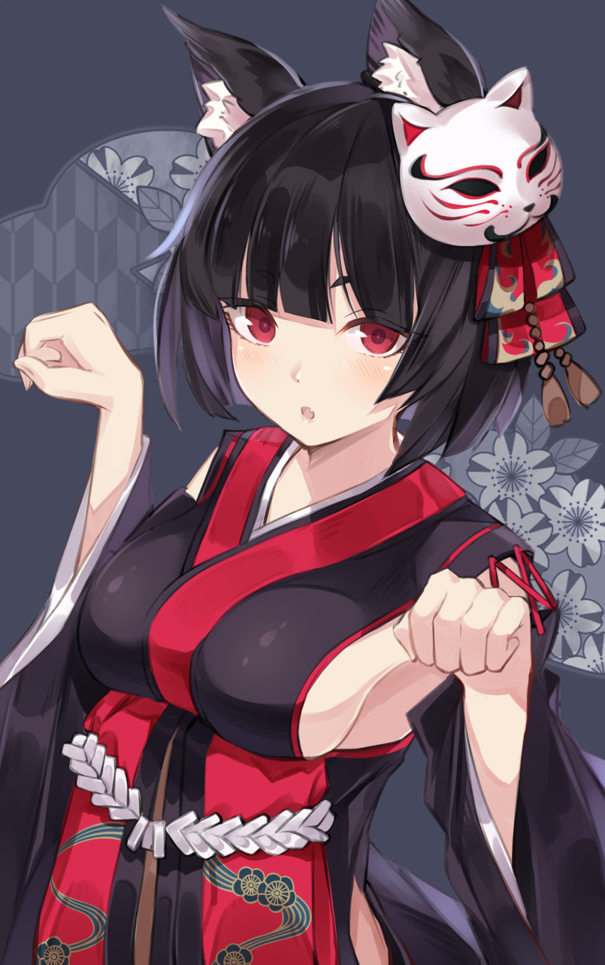 1girl :o animal_ear_fluff animal_ears azur_lane black_hair breasts cat_ears cat_mask commentary_request detached_sleeves fang hair_ribbon hands_up highres japanese_clothes long_sleeves looking_at_viewer mask mask_on_head medium_breasts monyu_(monyupop) parted_lips paw_pose red_eyes ribbon short_hair sideboob solo upper_body wide_sleeves yagasuri yamashiro_(azur_lane)