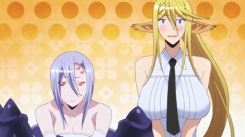 2girls blonde_hair blue_eyes breasts centaur centorea_shianus huge_breasts long_hair monster_girl monster_musume_no_iru_nichijou multiple_girls rachnera_arachnera red_eyes short_hair smile spider_girl standing