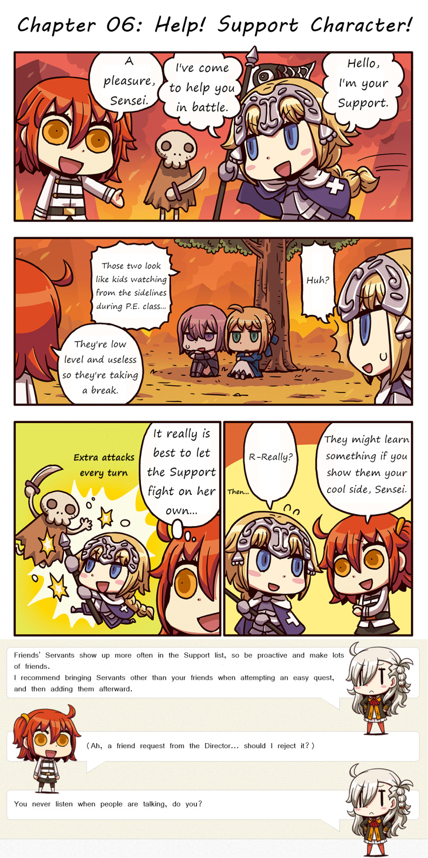 4girls ahoge braiding_hair burning chibi comic fate/apocrypha fate/grand_order fate_(series) female_protagonist_(fate/grand_order) flag hairdressing headgear highres knees_to_chest legs_together long_hair multiple_girls open_mouth polearm riyo_(lyomsnpmp) ruler_(fate/apocrypha) saber shielder_(fate/grand_order) short_hair side_ponytail sitting skeleton spear talking tree weapon