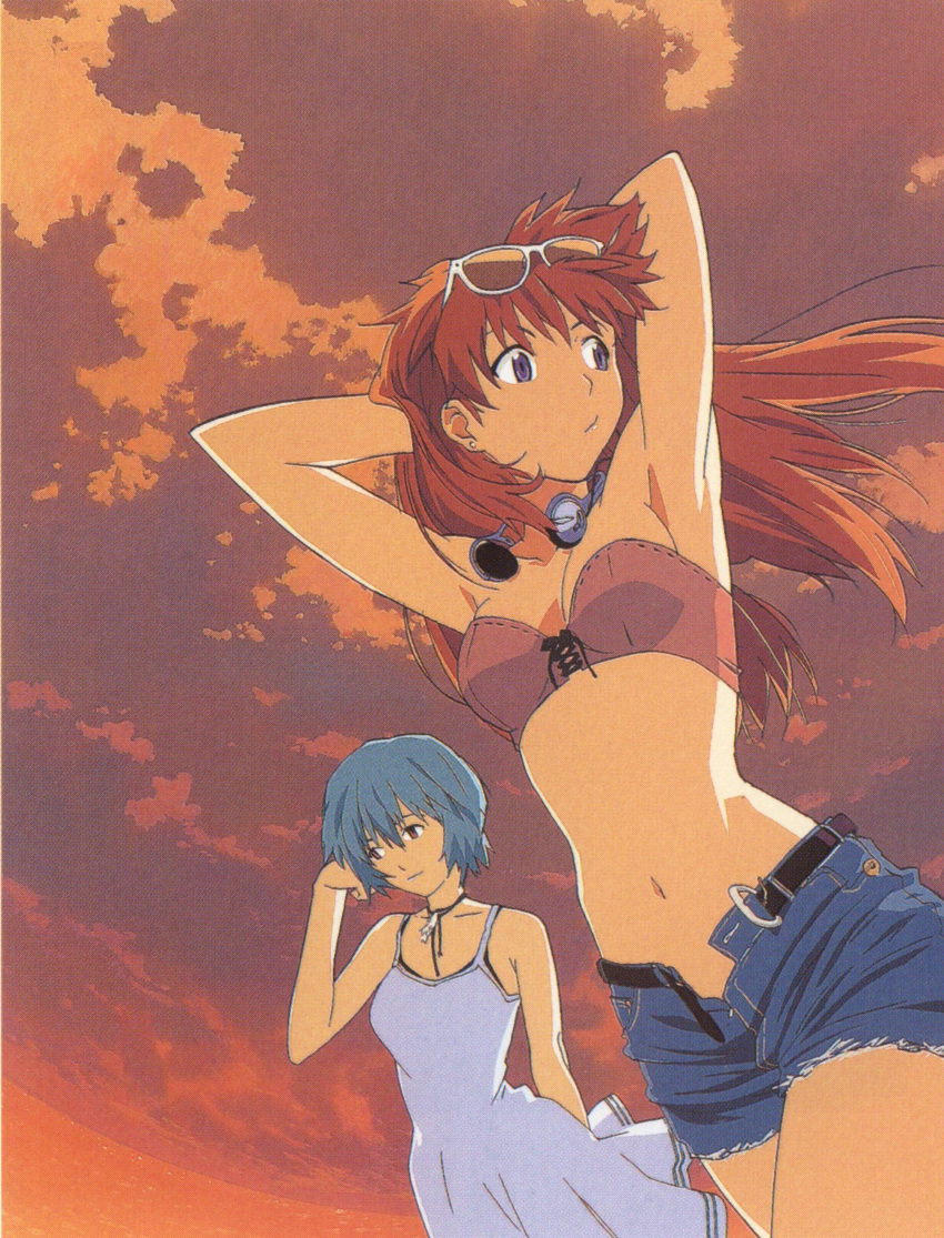 absurdres armpits arms_behind_head ayanami_rei bandeau bare_shoulders beach behind-the-head_headphones belt blue_eyes blue_hair choker cloud clouds denim denim_shorts dress dutch_angle earphones evening hair_ornament hairclip headphones headphones_around_neck highres midriff multiple_girls neon_genesis_evangelion open_clothes open_shorts red_eyes red_hair redhead scan scan_artifacts shorts sky soryu_asuka_langley souryuu_asuka_langley sundress sunglasses tubetop water