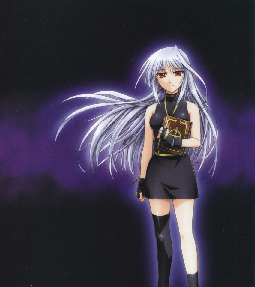 asymmetrical_clothes bare_shoulders book dress fingerless_gloves gloves highres long_hair mahou_shoujo_lyrical_nanoha mahou_shoujo_lyrical_nanoha_a's mahou_shoujo_lyrical_nanoha_a's official_art one_thighhigh red_eyes reinforce scan silver_hair single_thighhigh thighhighs