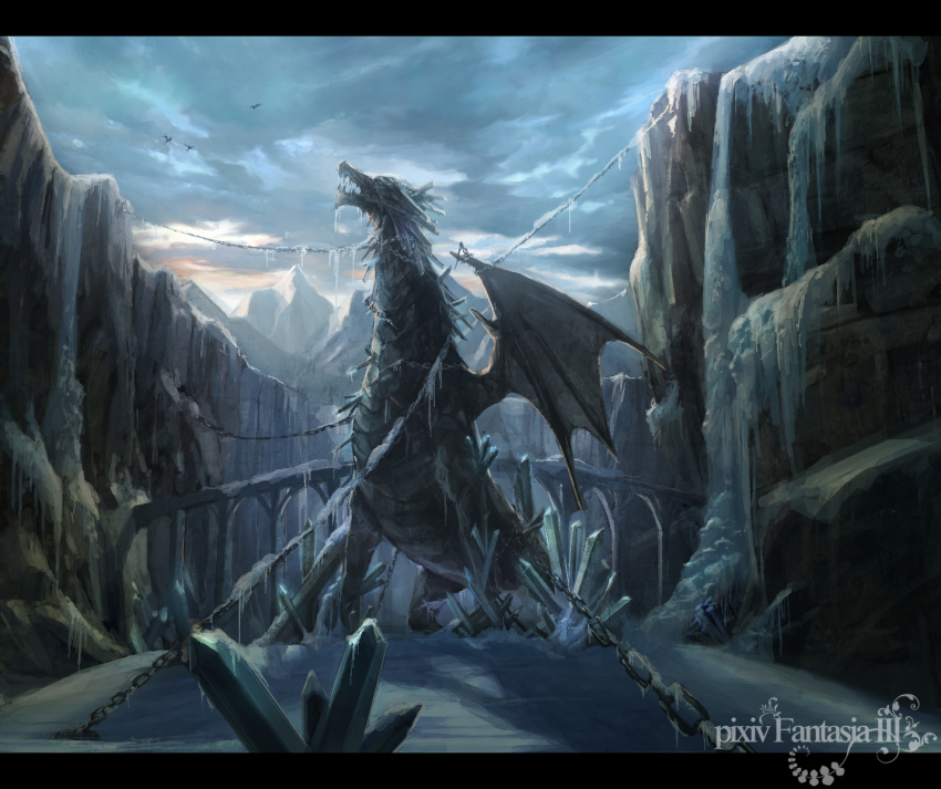 bridge chain chains crystal dragon frozen gigandal_federation highres ice letterboxed mountain pixiv pixiv_fantasia pixiv_fantasia_3 sae_(artist) sae_(revirth) scenery sky wings