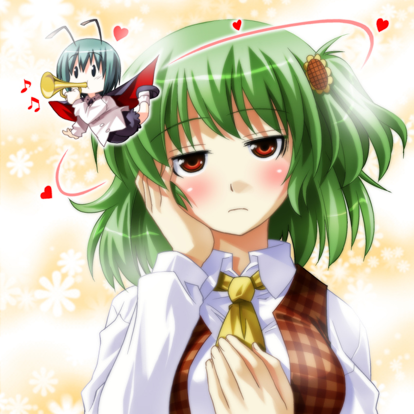 antenna ascot bad_id blush bugle cape green_hair instrument kazami_yuuka plaid_vest red_eyes short_hair touhou umekichi wriggle_nightbug