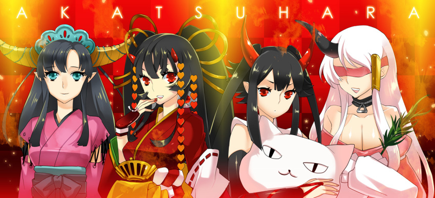 bad_id bare_shoulders black_hair blindfold blue_eyes breasts cleavage collar elbow_gloves gloves horns huge_breasts japanese_clothes kimono long_hair mami nail_polish oni pixiv pixiv_fantasia pixiv_fantasia_3 pointy_ears red_eyes twintails white_hair