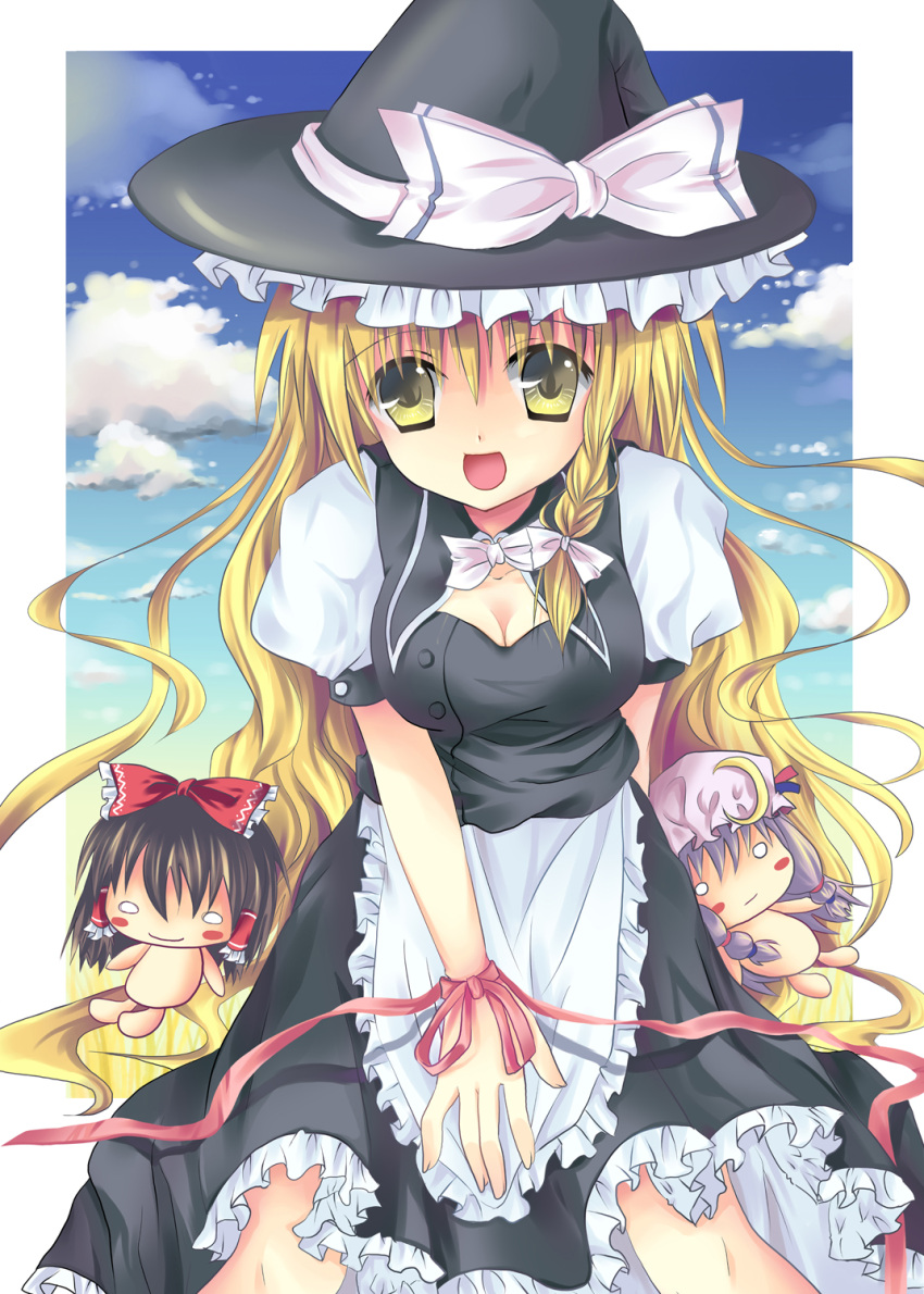 apron blonde_hair blush_stickers bow braid buttons character_doll cloud crescent doll dress hair_bow hair_ribbon hakurei_reimu hanahanaken hat highres kirisame_marisa open_mouth patchouli_knowledge ribbon sky solo touhou witch_hat yellow_eyes