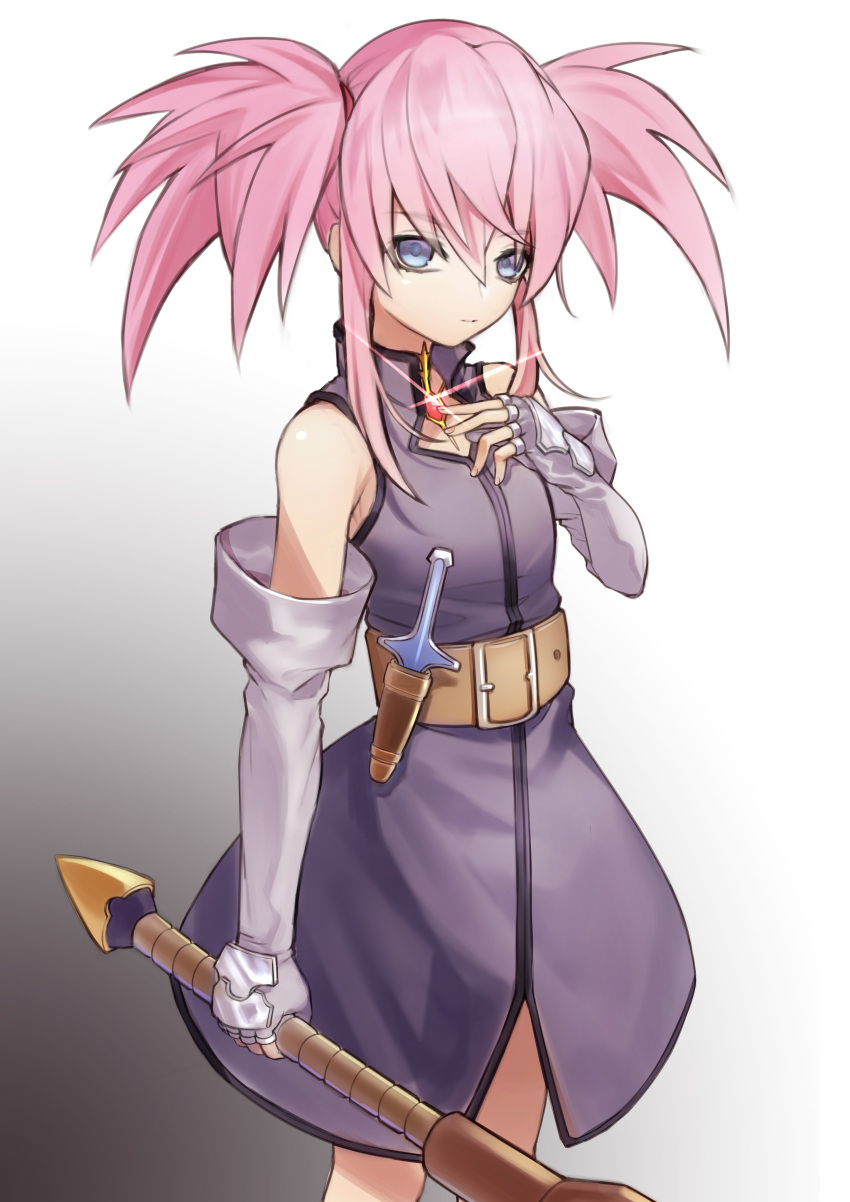 1girl absurdres an_skill belt blue_eyes boots closed_mouth elbow_gloves fingerless_gloves full_body gloves highres holding long_hair looking_at_viewer pink_hair presea_combatir simple_background solo tales_of_(series) tales_of_symphonia twintails weapon white_background