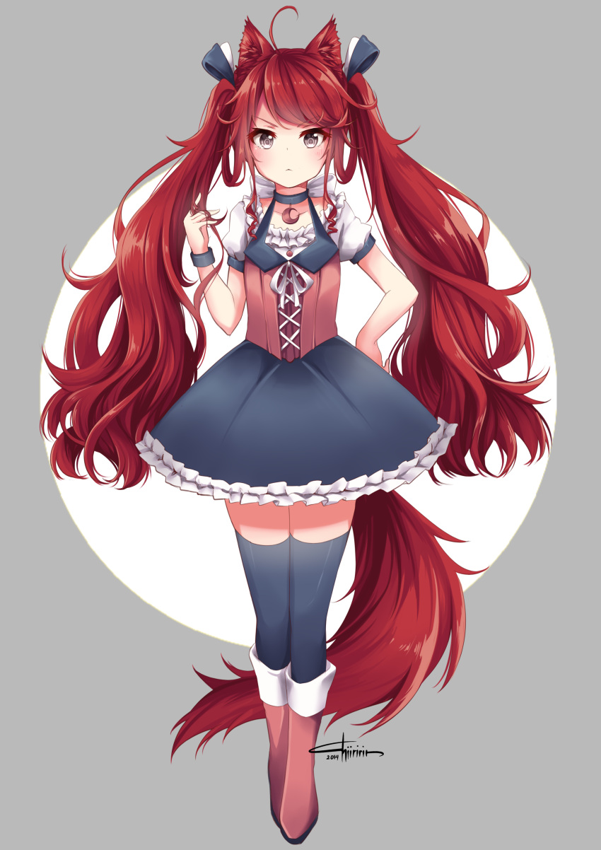 1girl ahoge animal_ears black_legwear black_skirt black_thighhighs blush boots bracelet chiiririn closed_mouth collar collarbone female frilled_skirt frills frown grey_eyes hair_ornament jewelry long_hair looking_at_viewer original redhead short_sleeves simple_background skirt solo tail thigh-highs twintails wolf_ears wolf_tail zettai_ryouiki