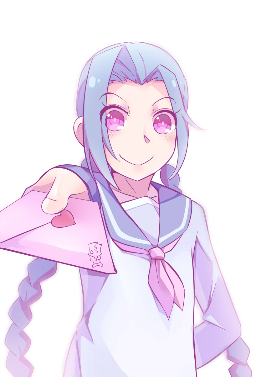 1girl blue_hair blush braid closed_mouth collarbone female heart jinx_(league_of_legends) league_of_legends letter long_hair long_sleeves looking_at_viewer love_letter no_background school_uniform serafuku simple_background smile solo white_background zhainan_s-jun