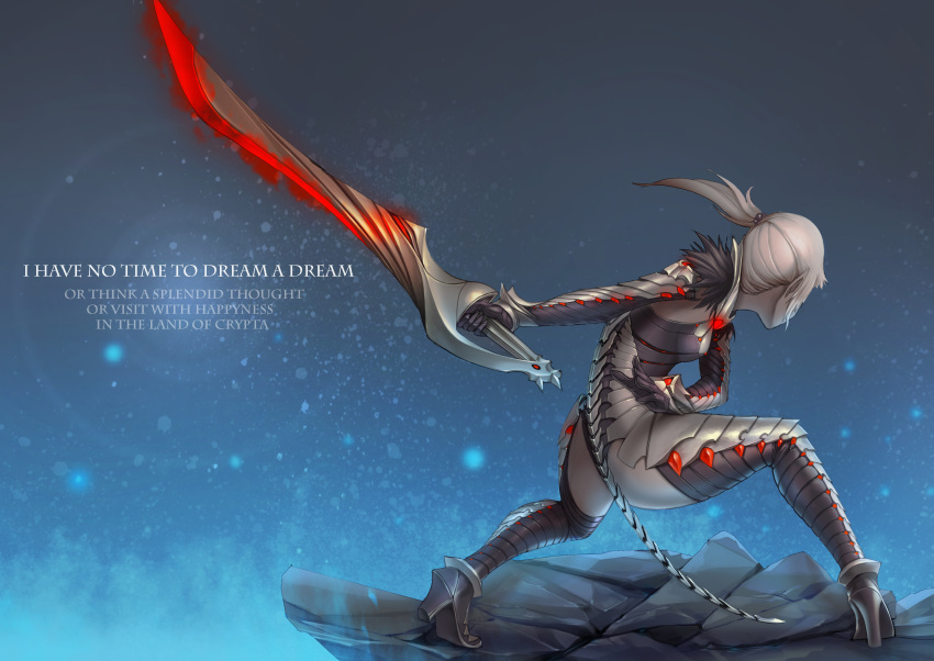 1girl armor black_gloves fake_tail female gloves gradient gradient_background grey_skin hellcherr high_heels holding holding_sword holding_weapon original pointy_ears ponytail solo sword tail weapon white_hair