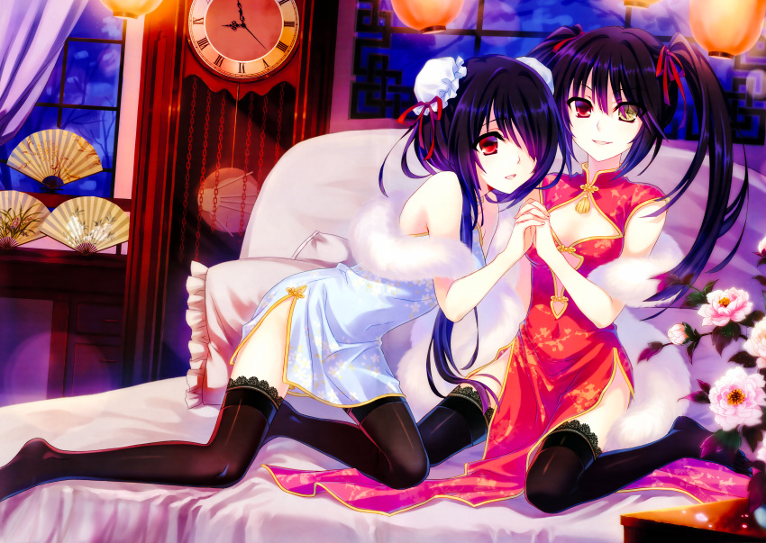 2girls bare_shoulders bed bed_sheet black_hair breasts china_dress chinese_clothes clock clock_eyes date_a_live dress dual_persona fan feet flower gururu hair_over_one_eye hairband hand_holding lantern legs long_hair looking_at_viewer miniskirt multiple_girls no_shoes on_bed open_mouth paper_fan pillow red_eyes ribbon sitting skirt small_breasts smile symbol-shaped_pupils thigh-highs thighs tokisaki_kurumi twintails very_long_hair wariza