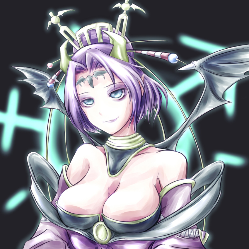 1girl bandai bare_shoulders bat bat_(symbol) bat_wings black_hair black_wings blue_eyes breasts bustier claws demon_girl detached_collar detached_sleeves digimon digimon_crusader eyeshadow facial_mark female hair_bun hair_ornament horns large_breasts lilithmon lipstick makeup multiple_wings open_mouth pointy_ears seven_great_demon_lords shawl simple_background skirt smile solo succubus tattoo white_background wings