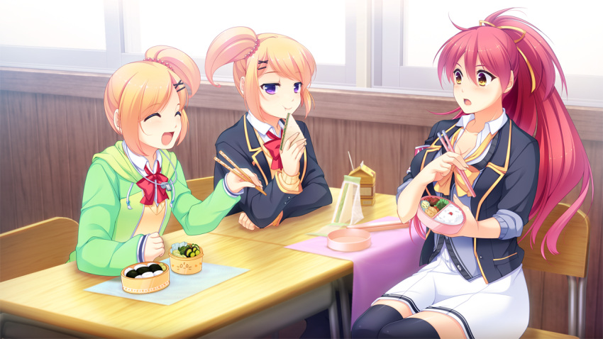 3girls black_legwear black_thighhighs blonde_hair blush bow breasts brown_eyes chair character_request cleavage closed_eyes closed_mouth collarbone drink ds9_debate_school_nine eating female food game_cg hair_ornament hair_ribbon hairclip jado_soft long_hair long_sleeves looking_at_another looking_at_viewer mochizuki_an multiple_girls open_mouth paper ponytail purple_hair red_bow redhead ribbon school_uniform short_hair side_ponytail sitting skirt sleeves_rolled_up smile table thigh-highs trio violet_eyes wallpaper white_skirt yellow_bow yellow_ribbon zettai_ryouiki