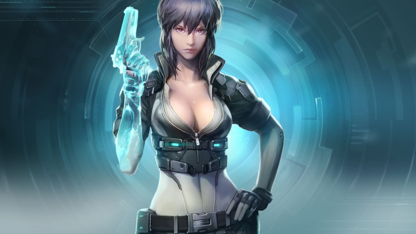 1girl breasts cleavage cyborg female ghost_in_the_shell gradient gradient_background kusanagi_motoko looking_at_viewer purple_hair short_hair solo weapon