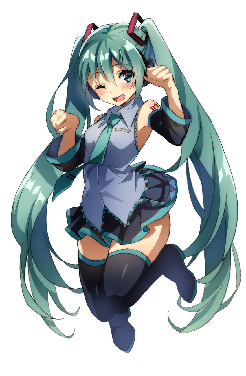 1girl ;d absurdres anime_coloring boots green_eyes green_hair hatsune_miku highres natsuki_iori one_eye_closed open_mouth smile thigh-highs thigh_boots twintails vocaloid