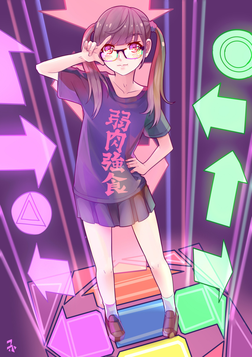 1girl black_skirt blush boots brown_boots brown_hair collarbone female glasses hand_on_hip looking_at_viewer original shirt skirt smile socks solo striped_background t-shirt twintails violet_eyes white_legwear zhainan_s-jun